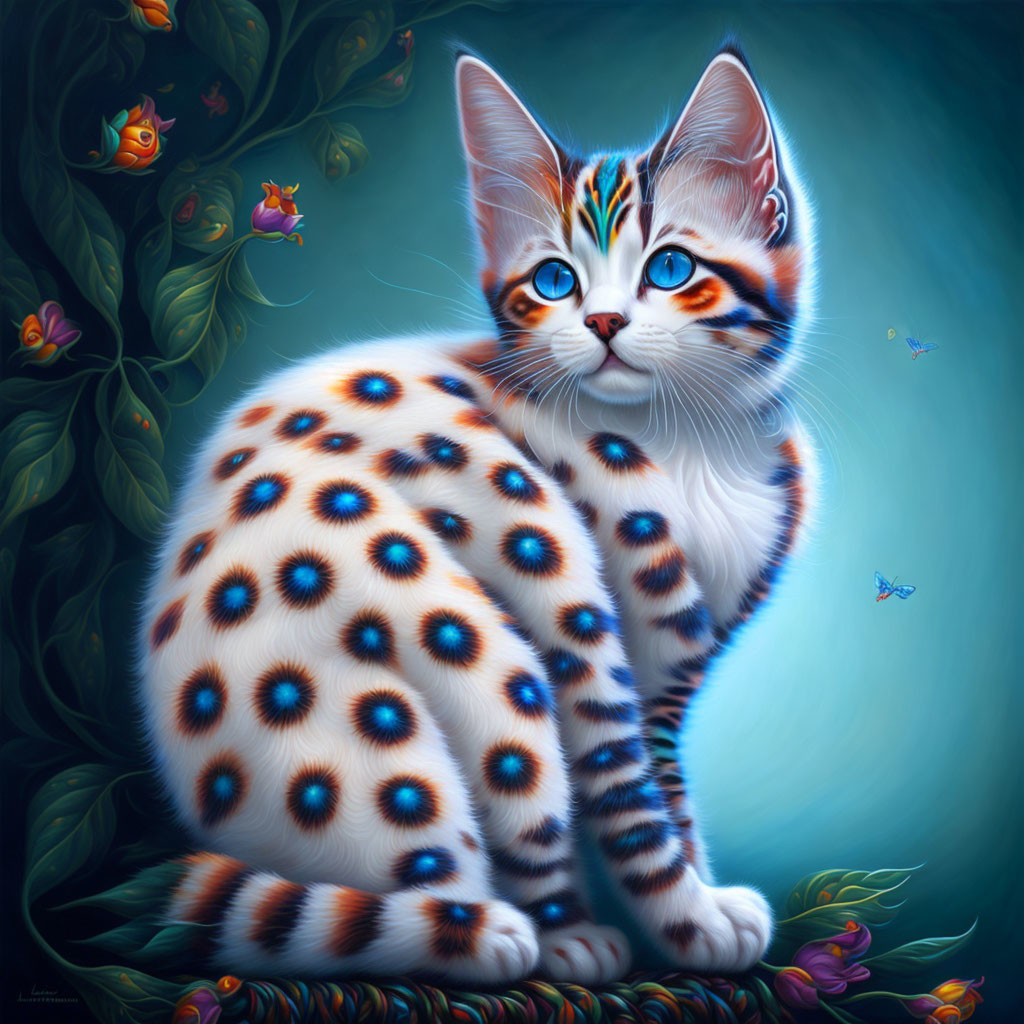 Colorful Surreal Illustration of Kitten with Blue Eyes and Butterfly Surroundings