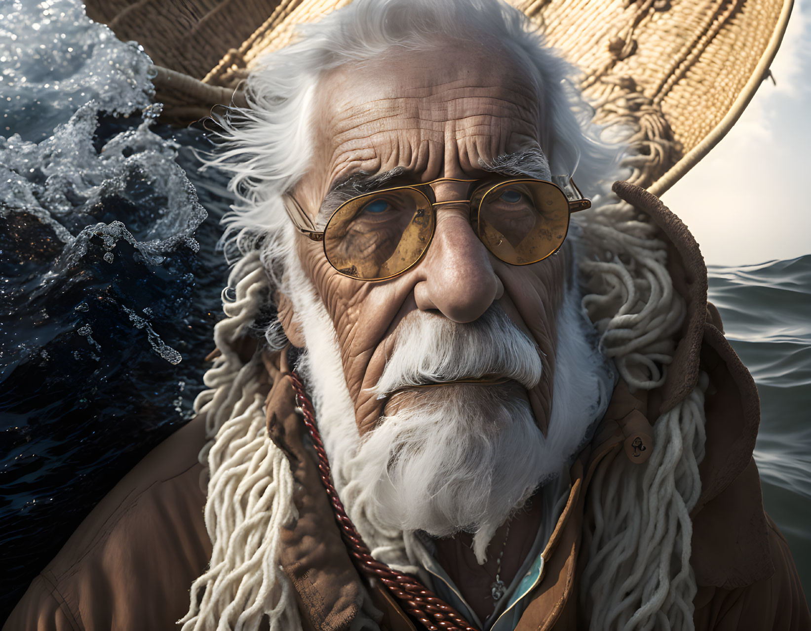 Elderly man in aviator glasses with white beard and boat in background