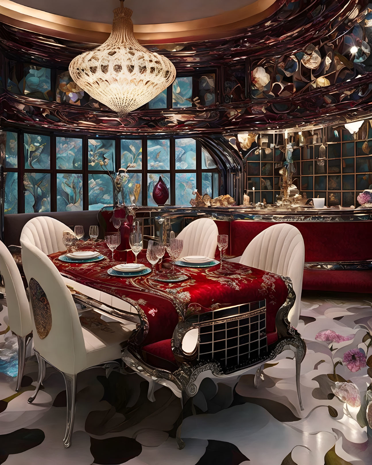 Luxurious Dining Room with Grand Chandelier and Aquarium Window