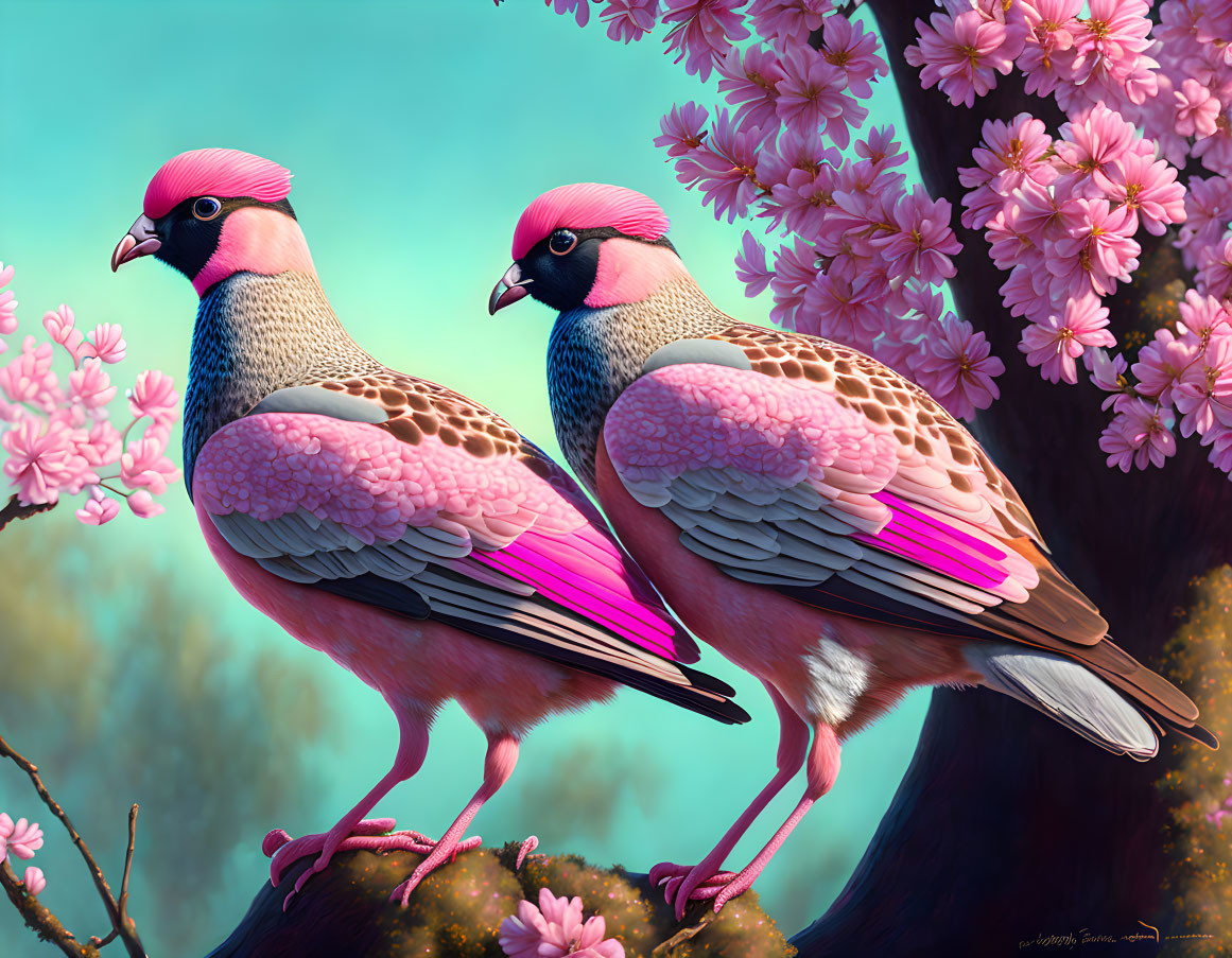 Vibrant pink-hued birds with crested heads on branch amid pink blossoms against blue sky