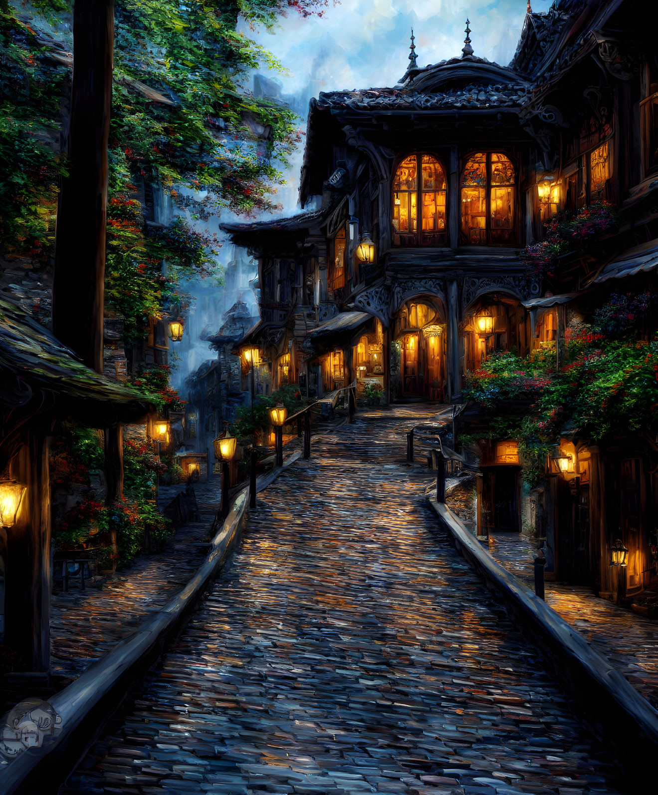 Cobblestone street with illuminated half-timbered buildings at dusk