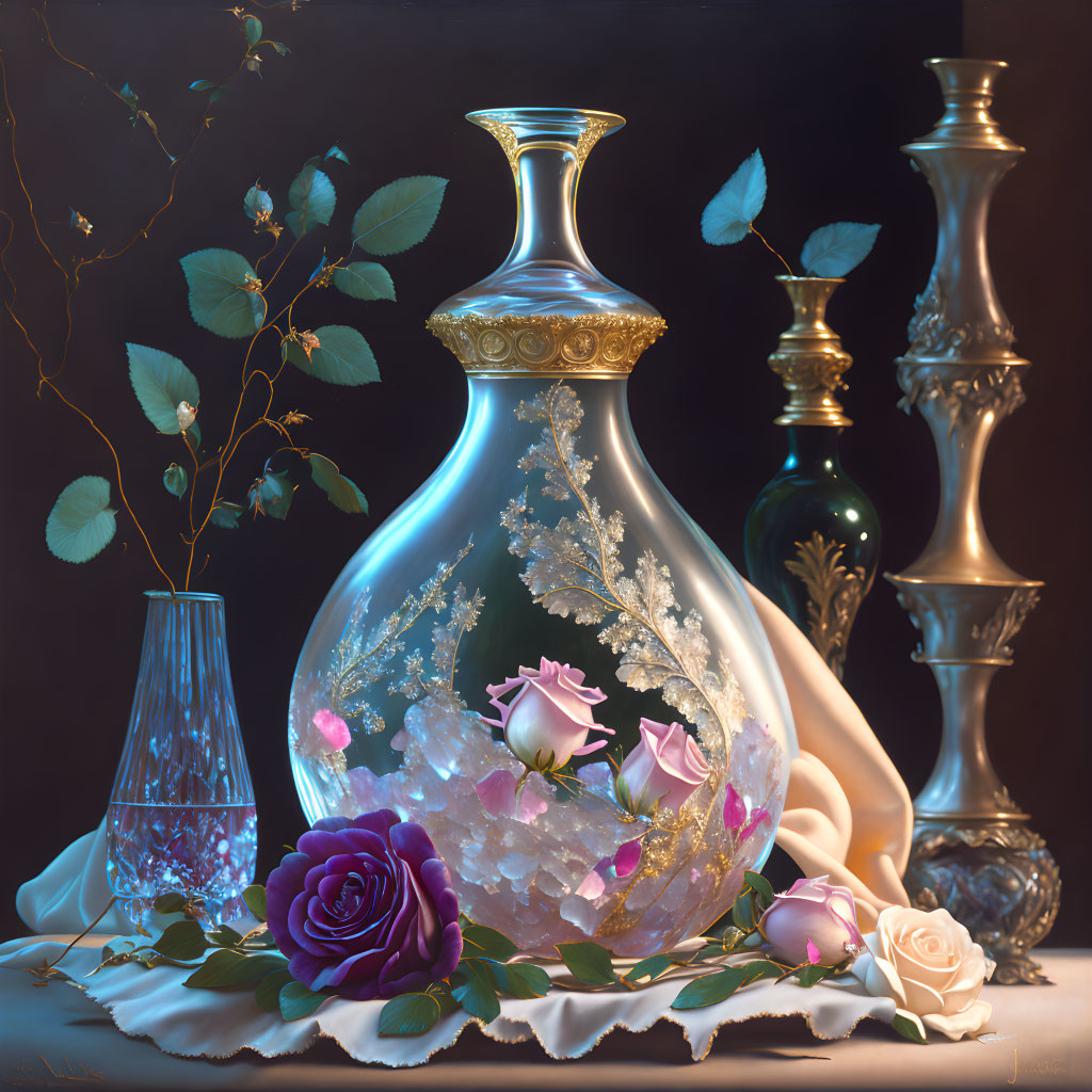 Elegant still life with glass vase, pink crystals, roses, and decorative glassware