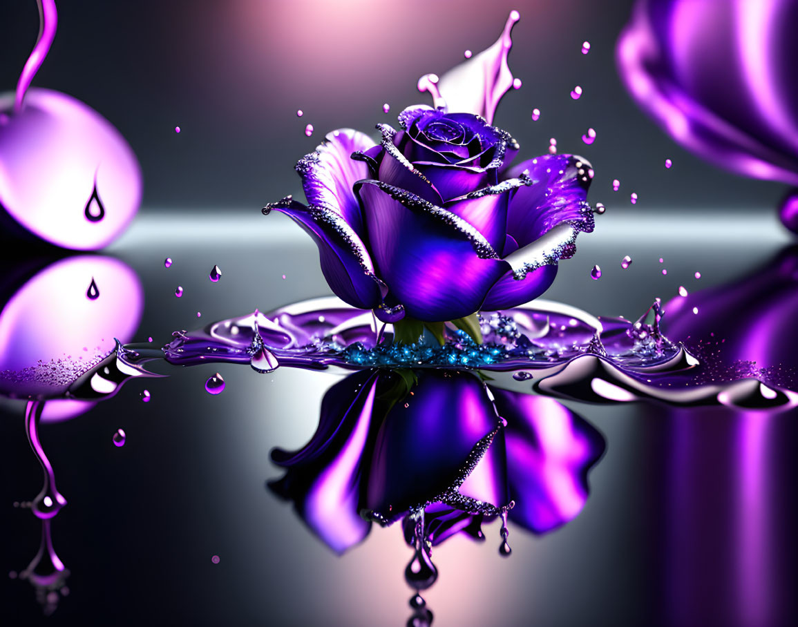 Purple rose with water droplets on surreal gradient background