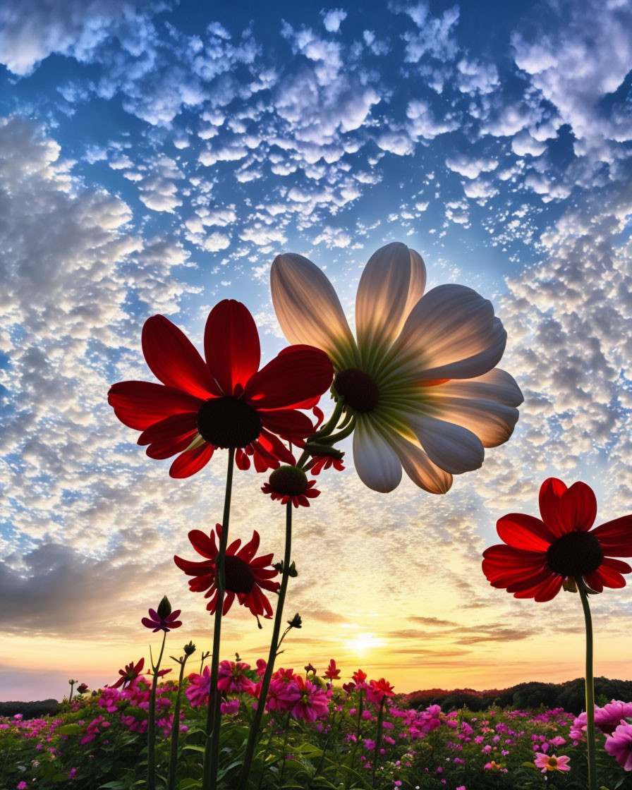 Red and White Flowers in Sunset Sky with Clouds