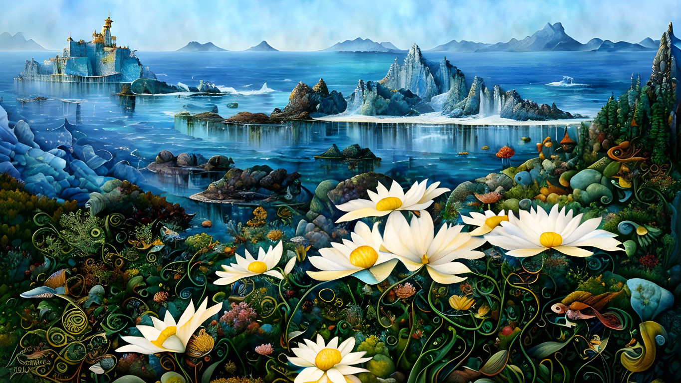 Fantasy seascape with castle, underwater life, and white flowers