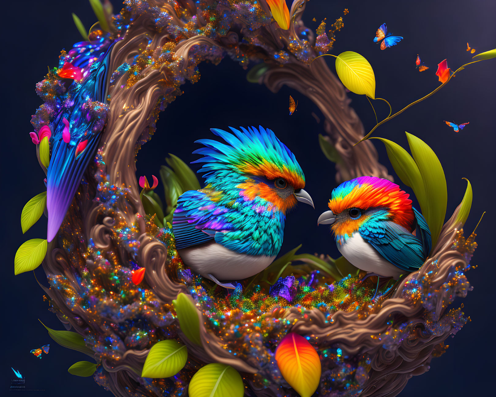 Colorful fantasy birds on intricate branch with butterflies