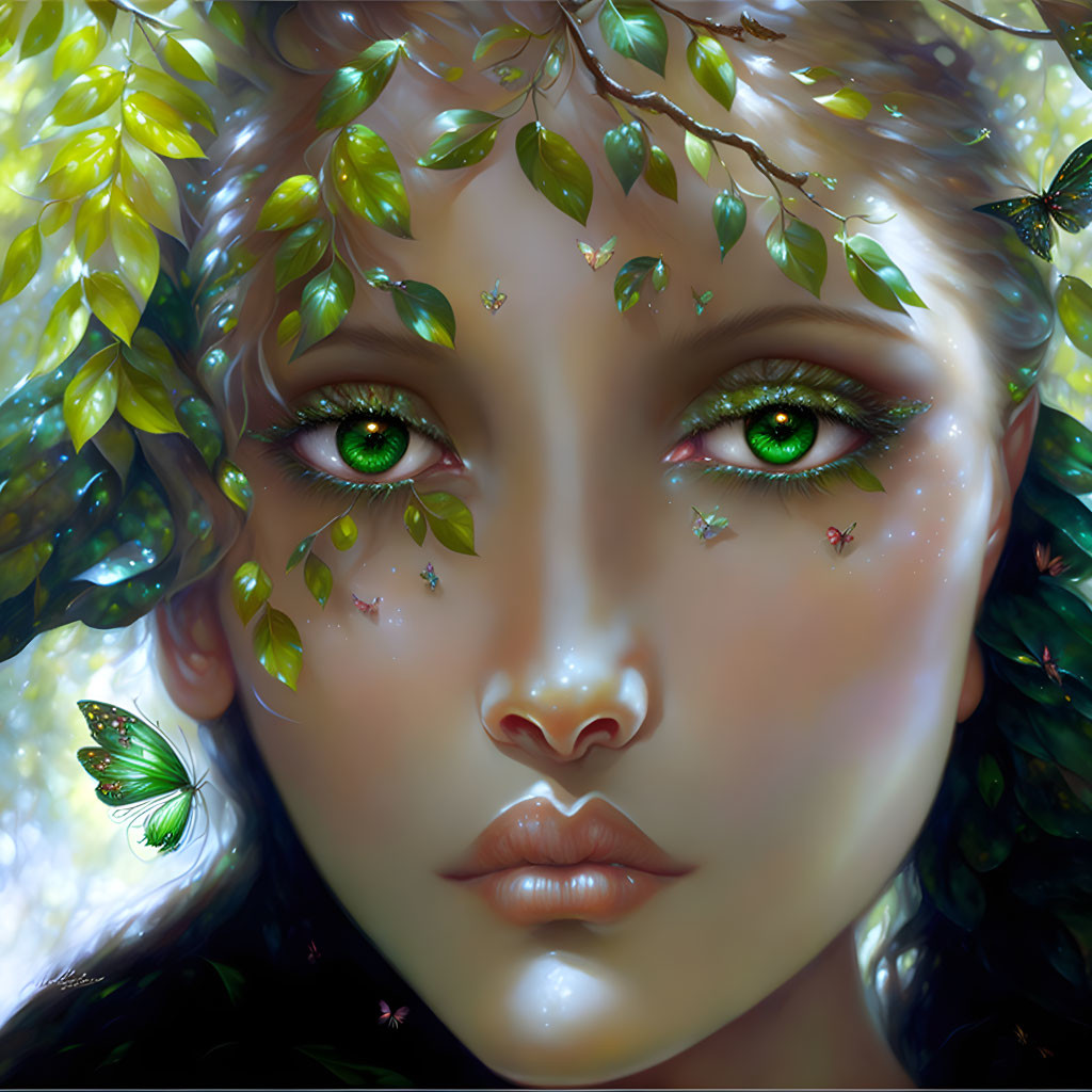 Fantastical portrait of female figure with vivid green eyes and nature-inspired adornments