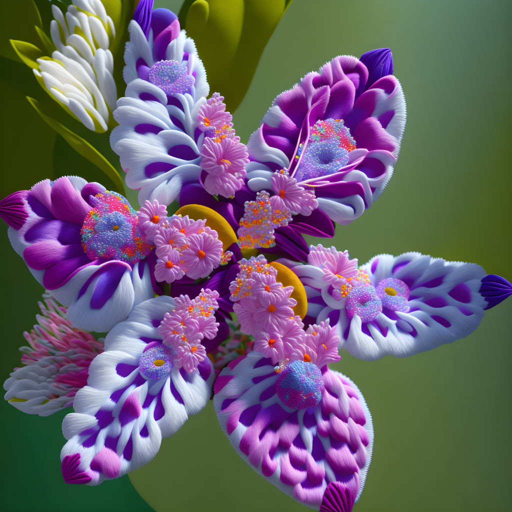 Colorful Stylized Flower Bouquet in Purple, White, and Yellow on Green Background