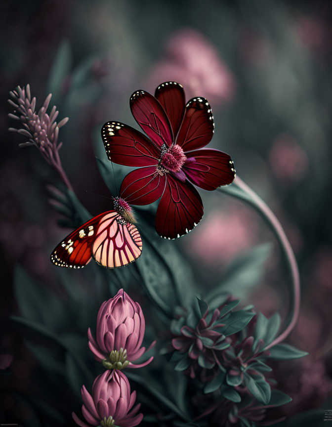 Vibrant red and orange butterflies on dark green foliage with pink flowers