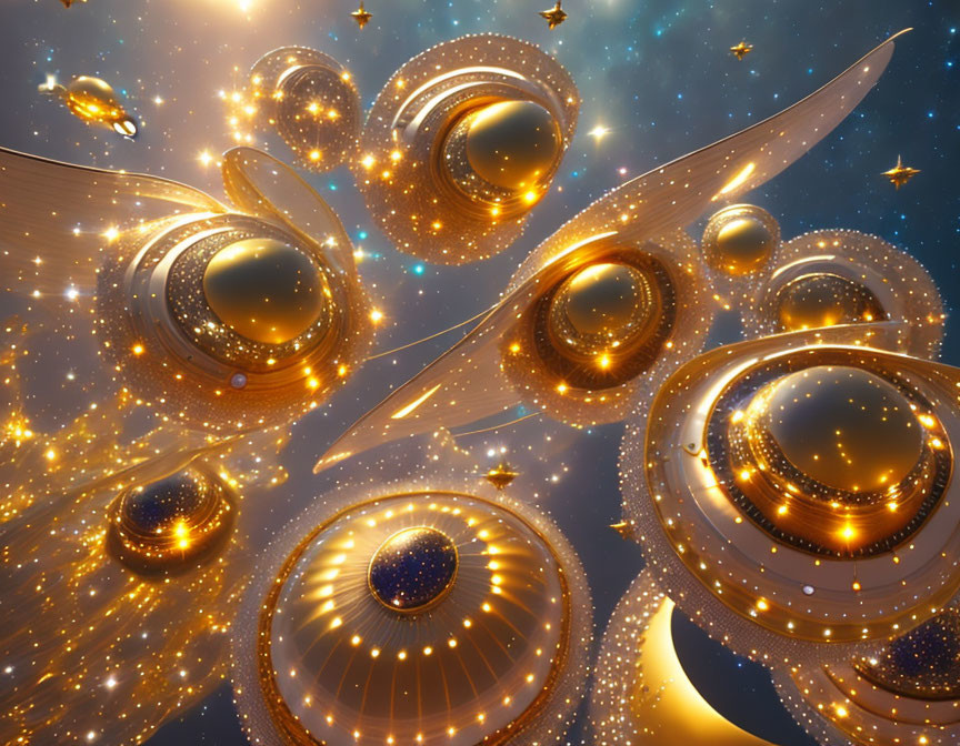 Abstract cosmic scene with golden celestial bodies and futuristic space architecture