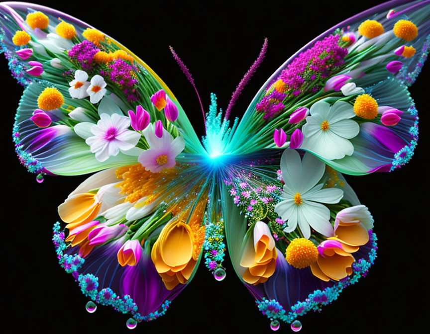 Colorful Flower Butterfly Digital Artwork on Black Background