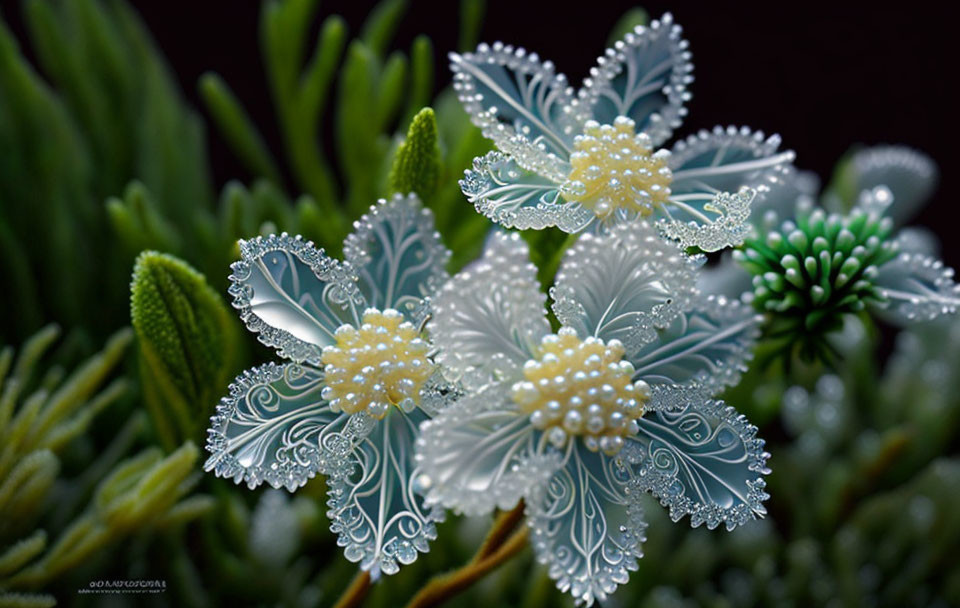 Delicate white flowers with dew on lace-like petals in close-up view