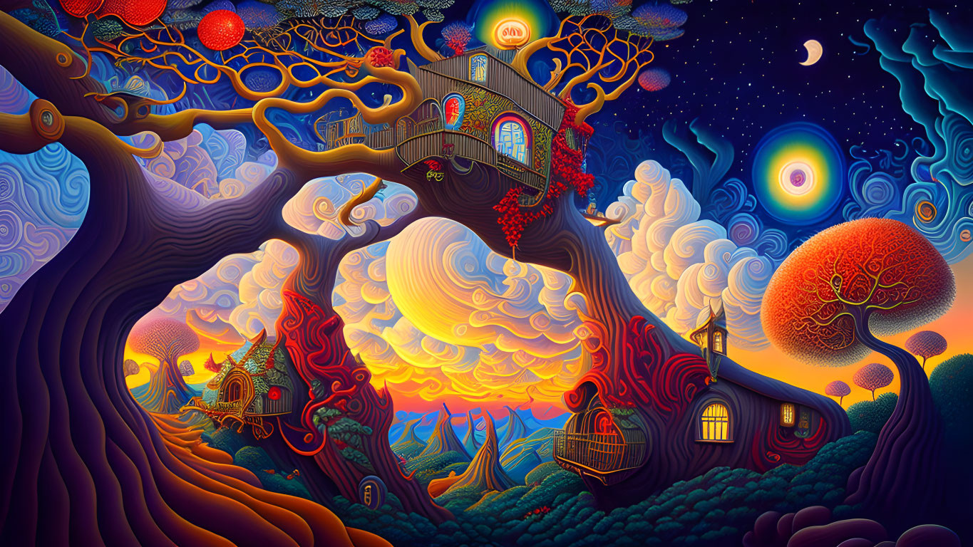 Fantastical landscape with swirling skies, oversized trees, whimsical houses, and celestial bodies in rich