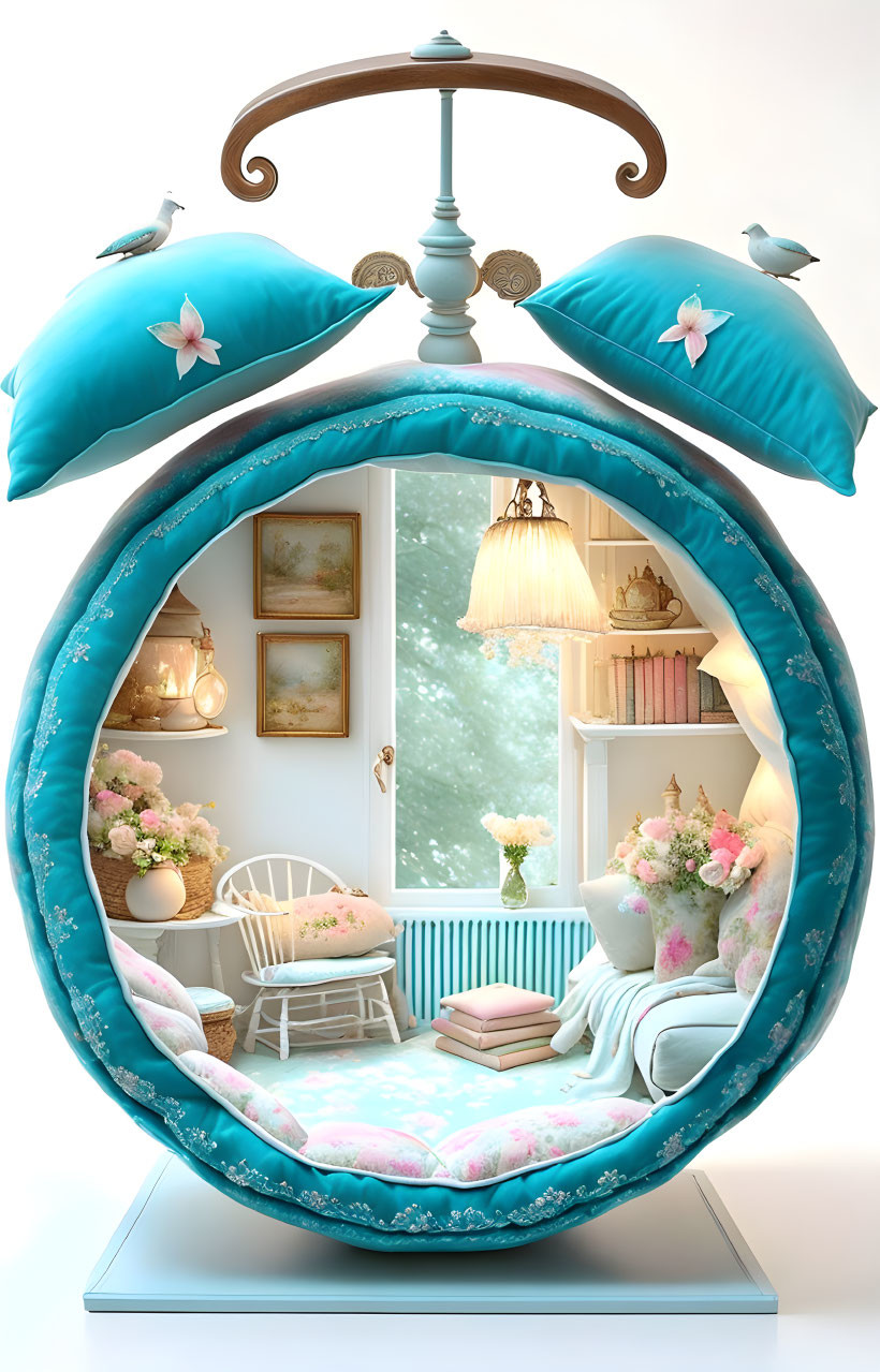 Ornate oval room with blue circular frame and cozy interior décor