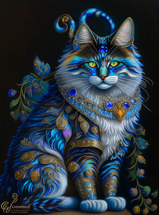 Majestic blue cat with golden accents and jewelry motif