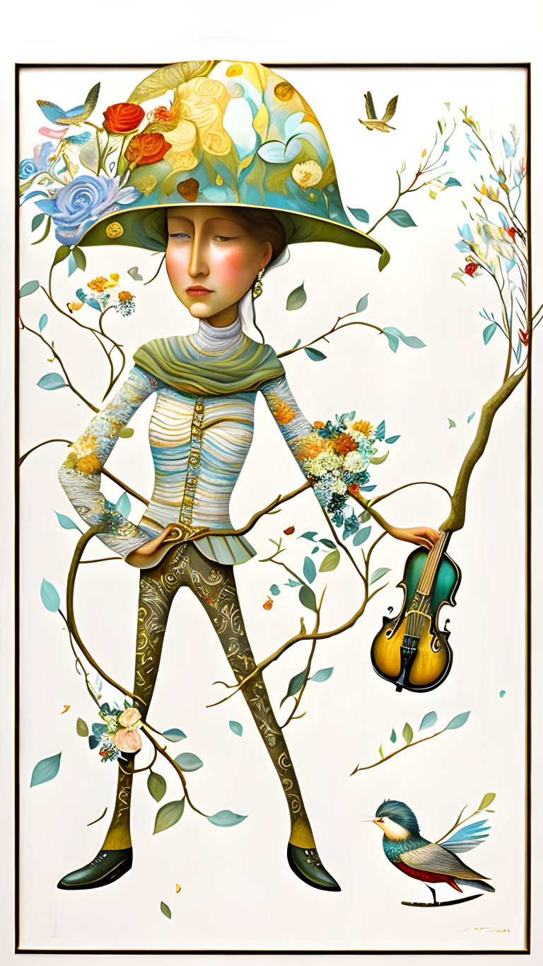 Whimsical figure with tree-branch body, flower-adorned hat, violin, and bird