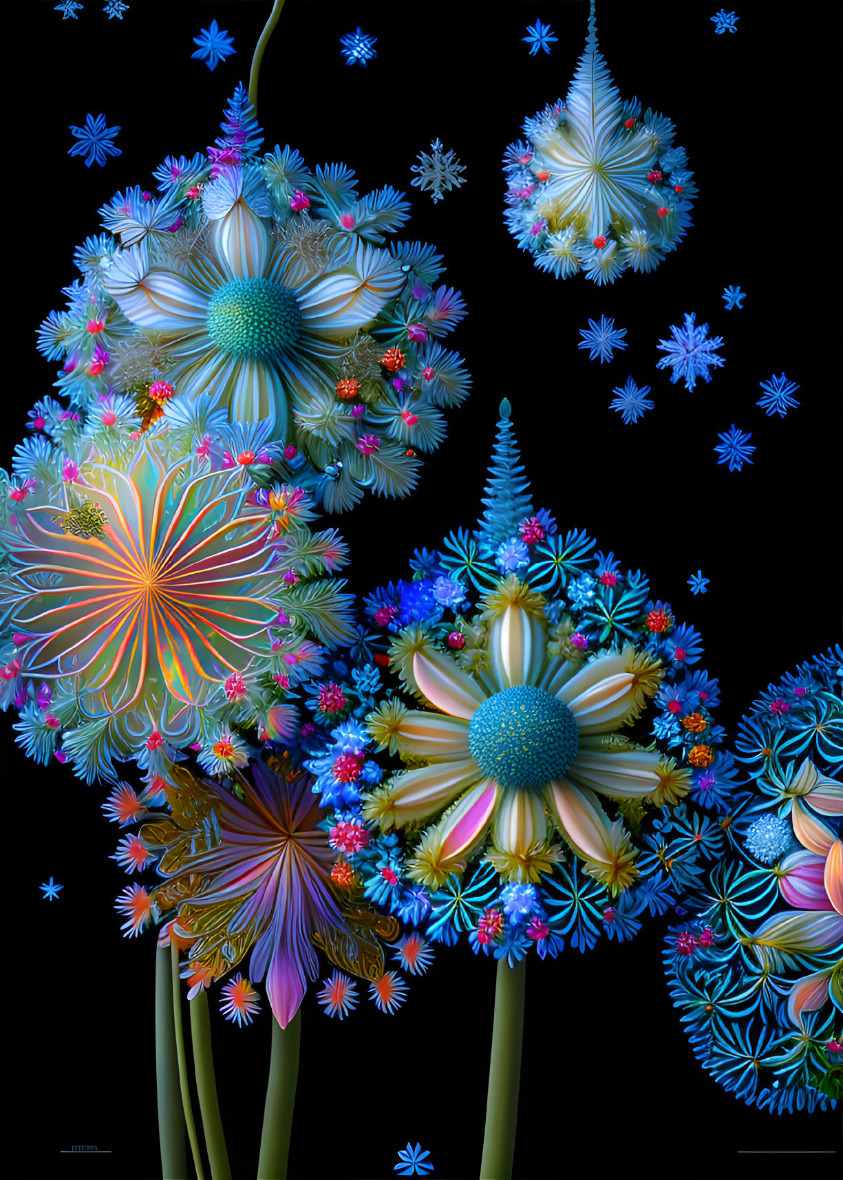 Vibrant stylized flowers with intricate patterns on black background