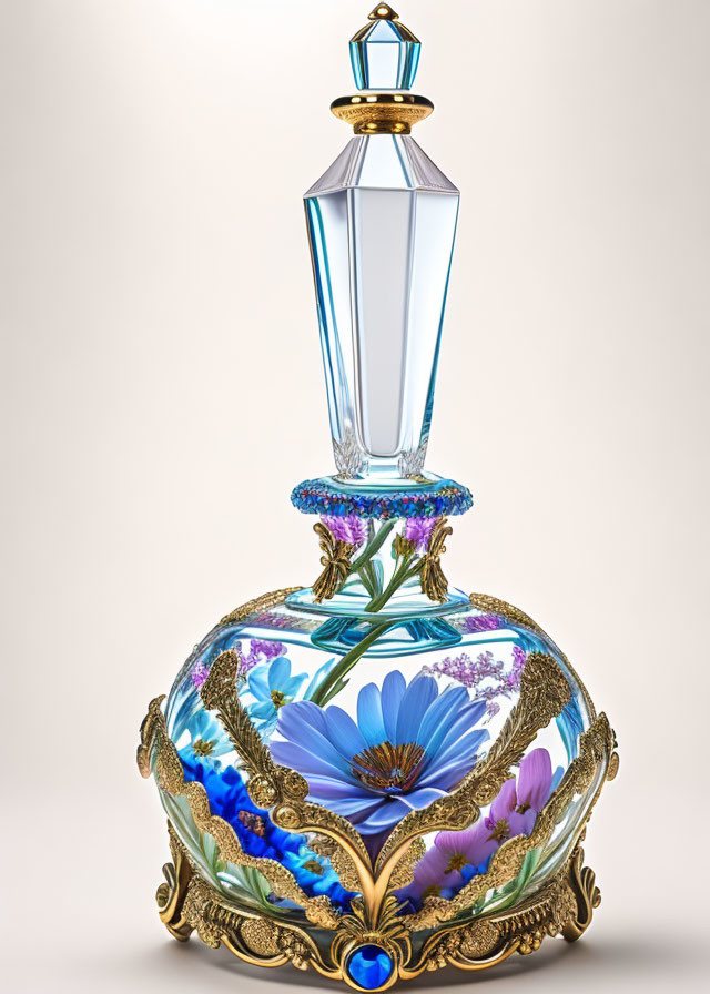 Jewel-topped perfume bottle with floral design and gold details