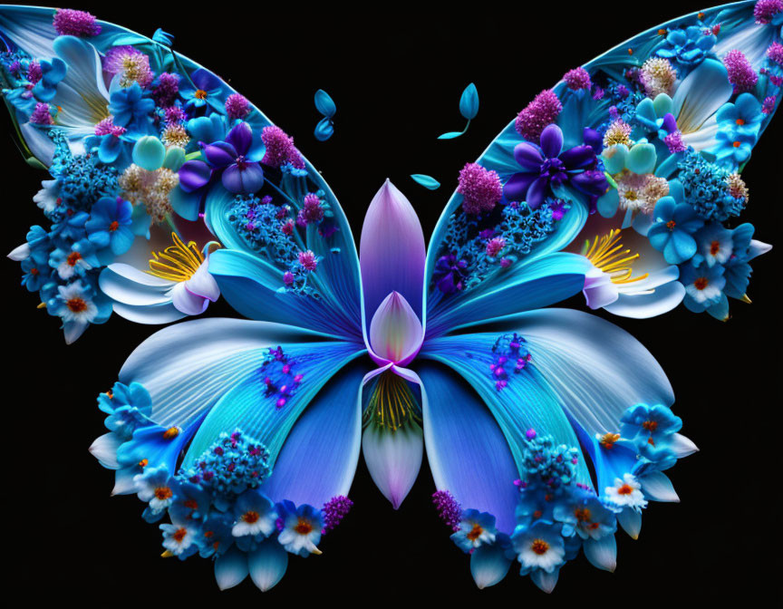 Symmetrical butterfly wings artwork with blue and purple flowers