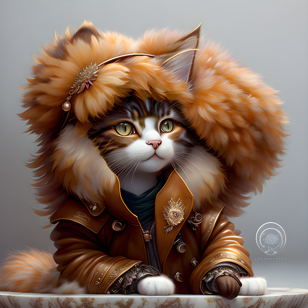 Digital Artwork: Cat in Royal Attire with Fur Coat & Jewel