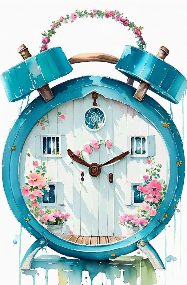 Clock transformed into cozy fairy-tale house with vibrant flowers