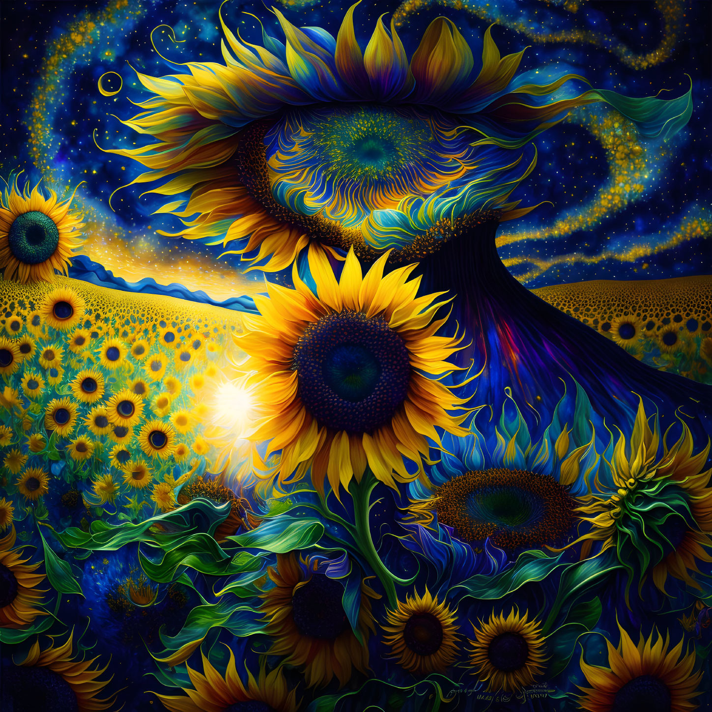 Colorful sunflower painting with cosmic elements and swirling patterns.