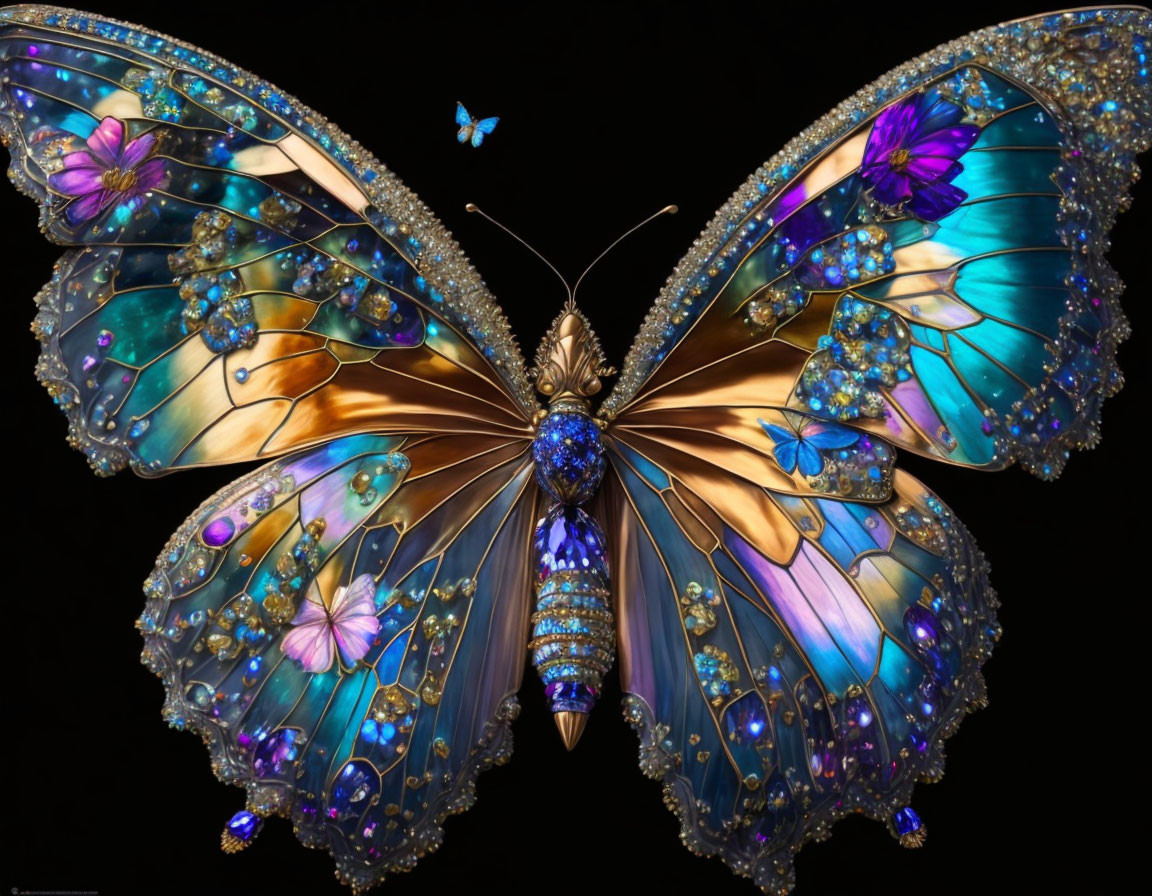 Colorful Butterfly Artwork with Jeweled Wings on Black Background