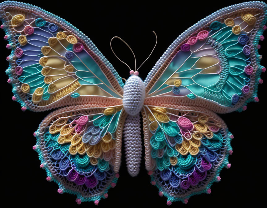 Vibrant paper quilling butterfly on dark backdrop