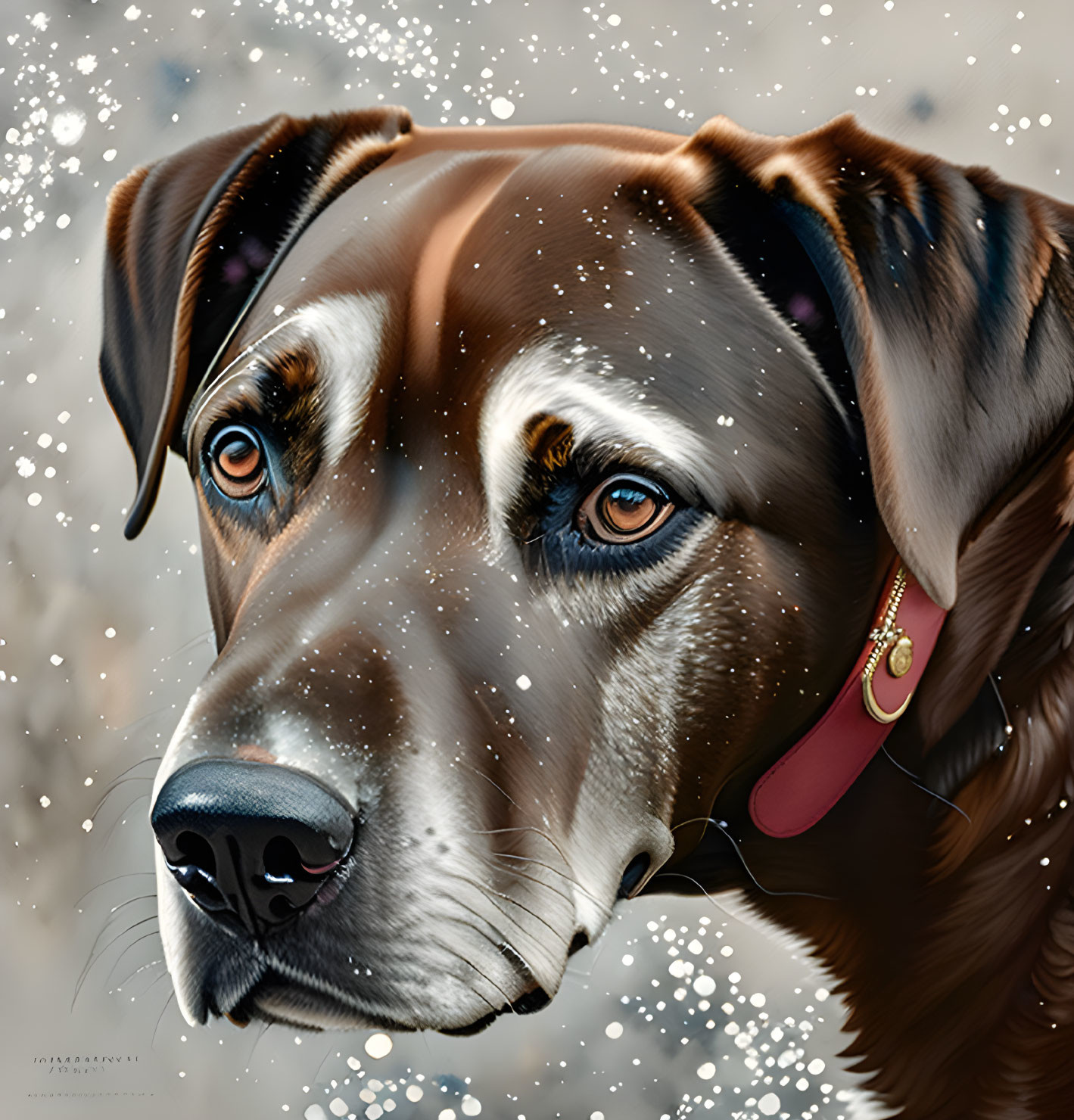 Brown dog with red collar and detailed eyes in snowfall.