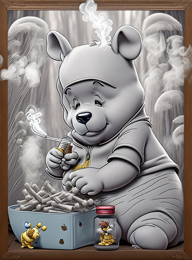 Stylized Winnie the Pooh vaping with honey pot in wooden frame