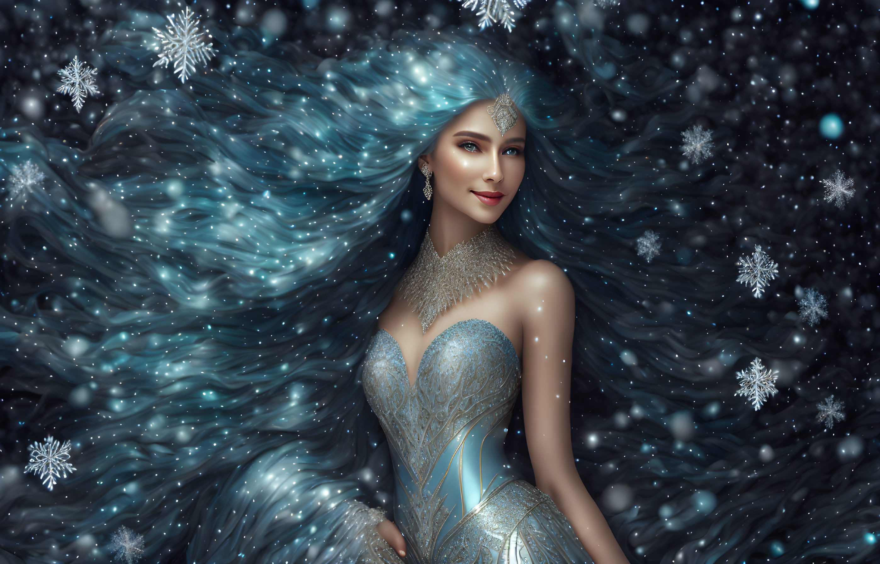 Ethereal woman with blue hair in snowflake scene