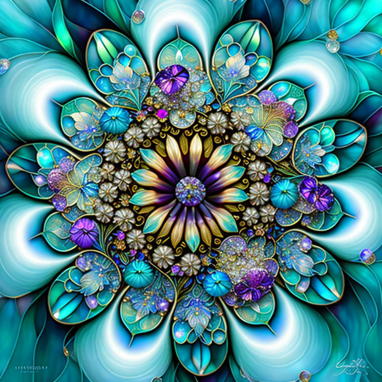 Colorful Digital Mandala with Floral and Geometric Patterns in Blues, Purples, and Gold