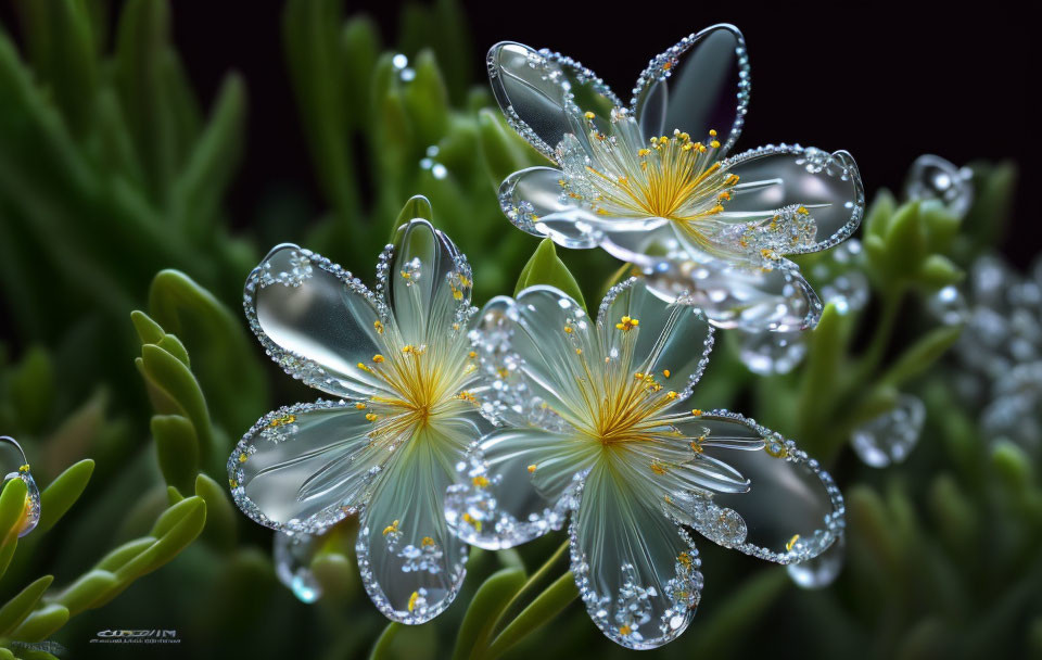 Translucent flowers with water droplets and yellow pollen on green plant background