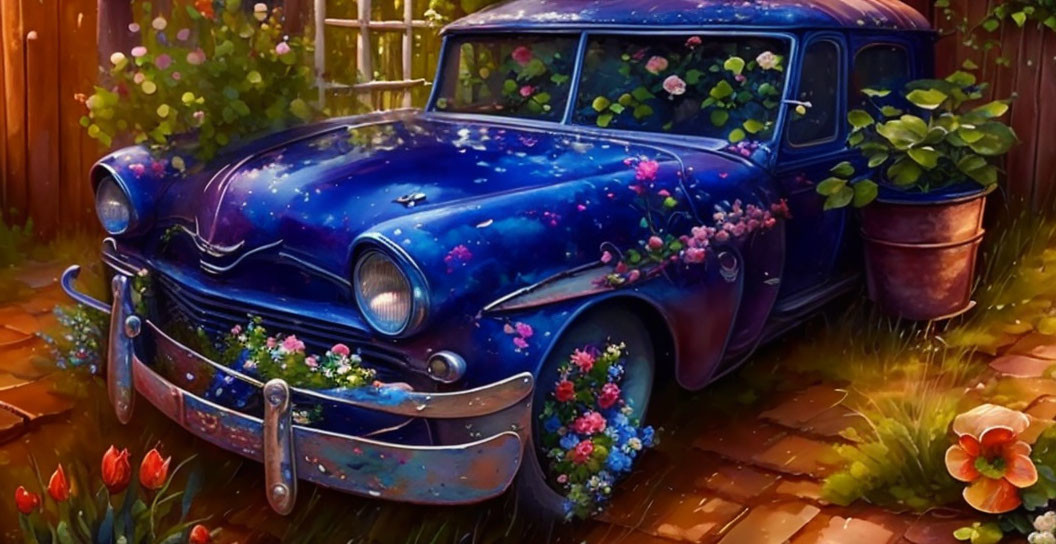 Vintage Blue Car Planter Overflowing with Flowers in Quaint Garden