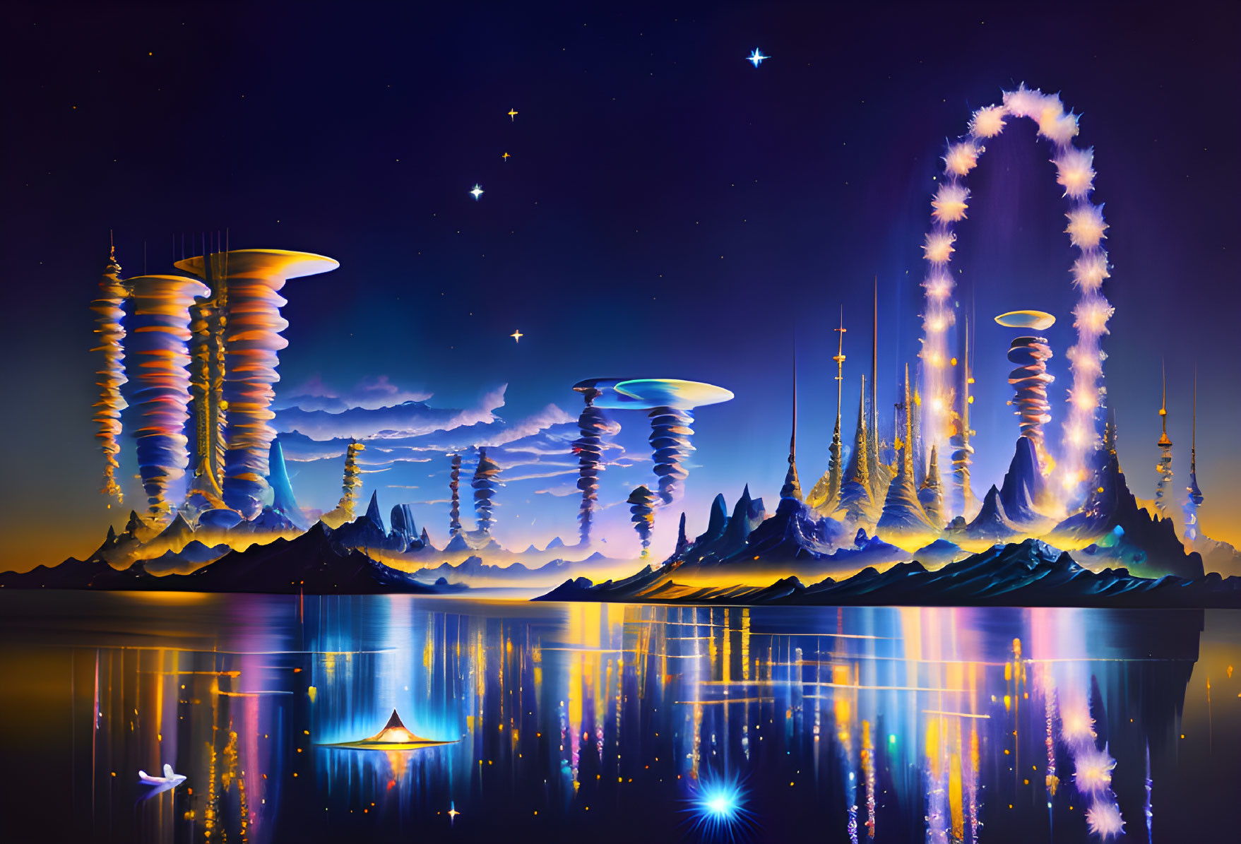 Vibrant digital artwork: otherworldly landscape, fantastical structures, reflections on water, star