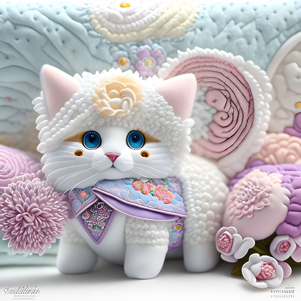 Fluffy white kitten digital art with blue eyes and floral backdrop