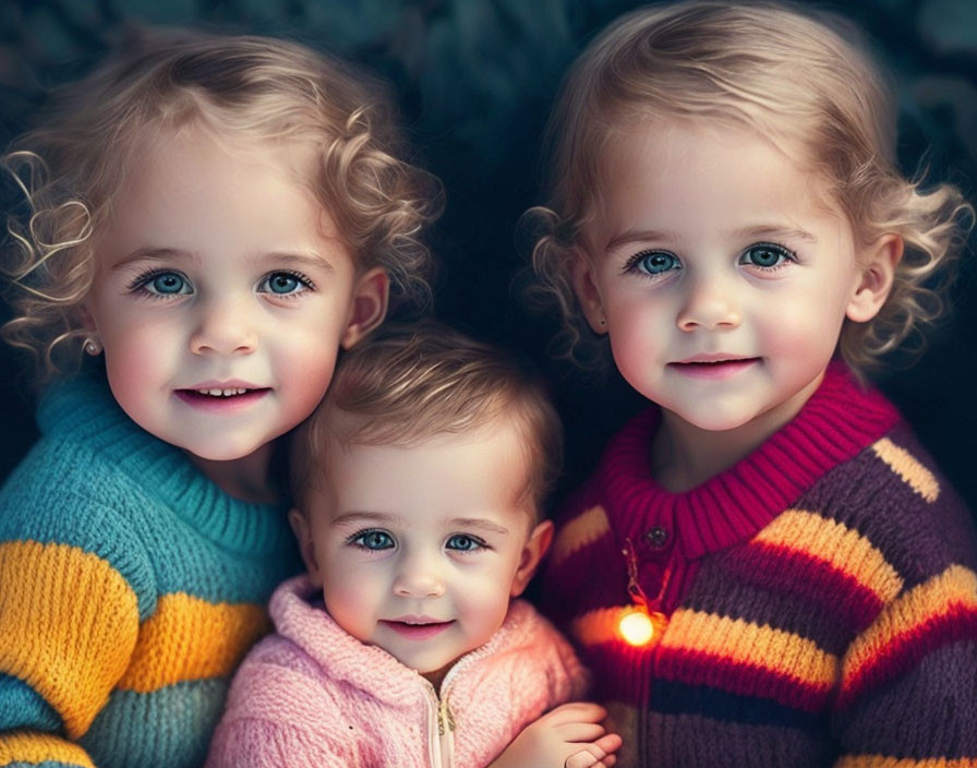 Three curly-haired children in blue, pink, and striped sweaters smiling together