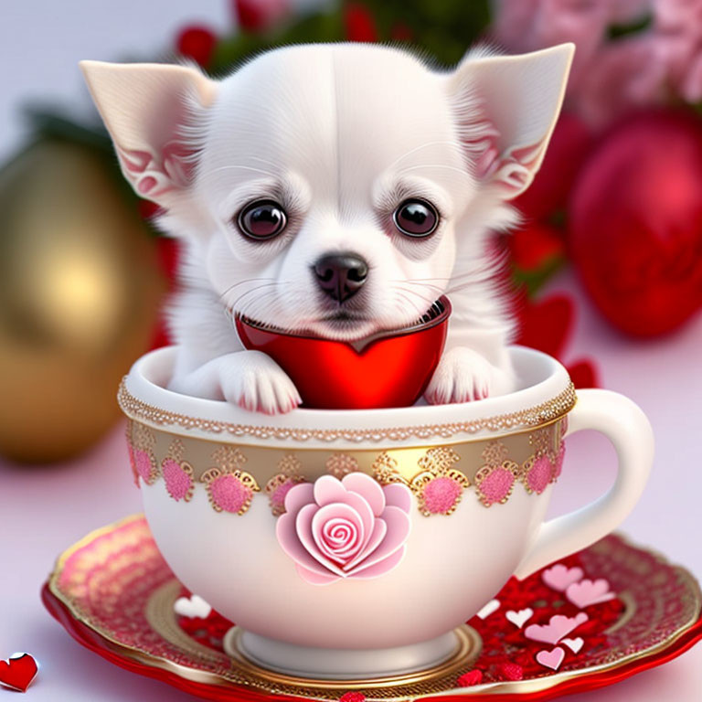 White Chihuahua Puppy in Tea Cup with Heart and Rose on Romantic Background