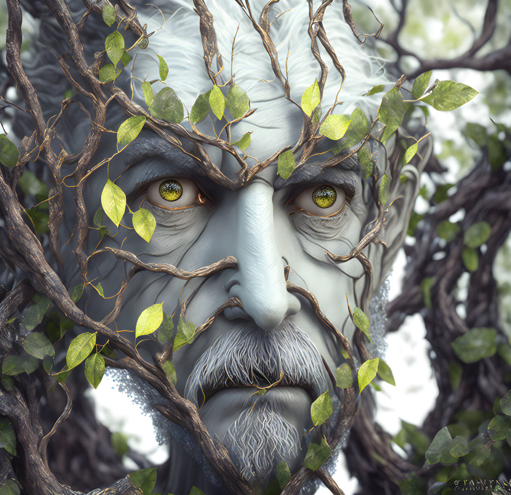 Face blending with tree branches and leaves, yellow eyes, serene expression