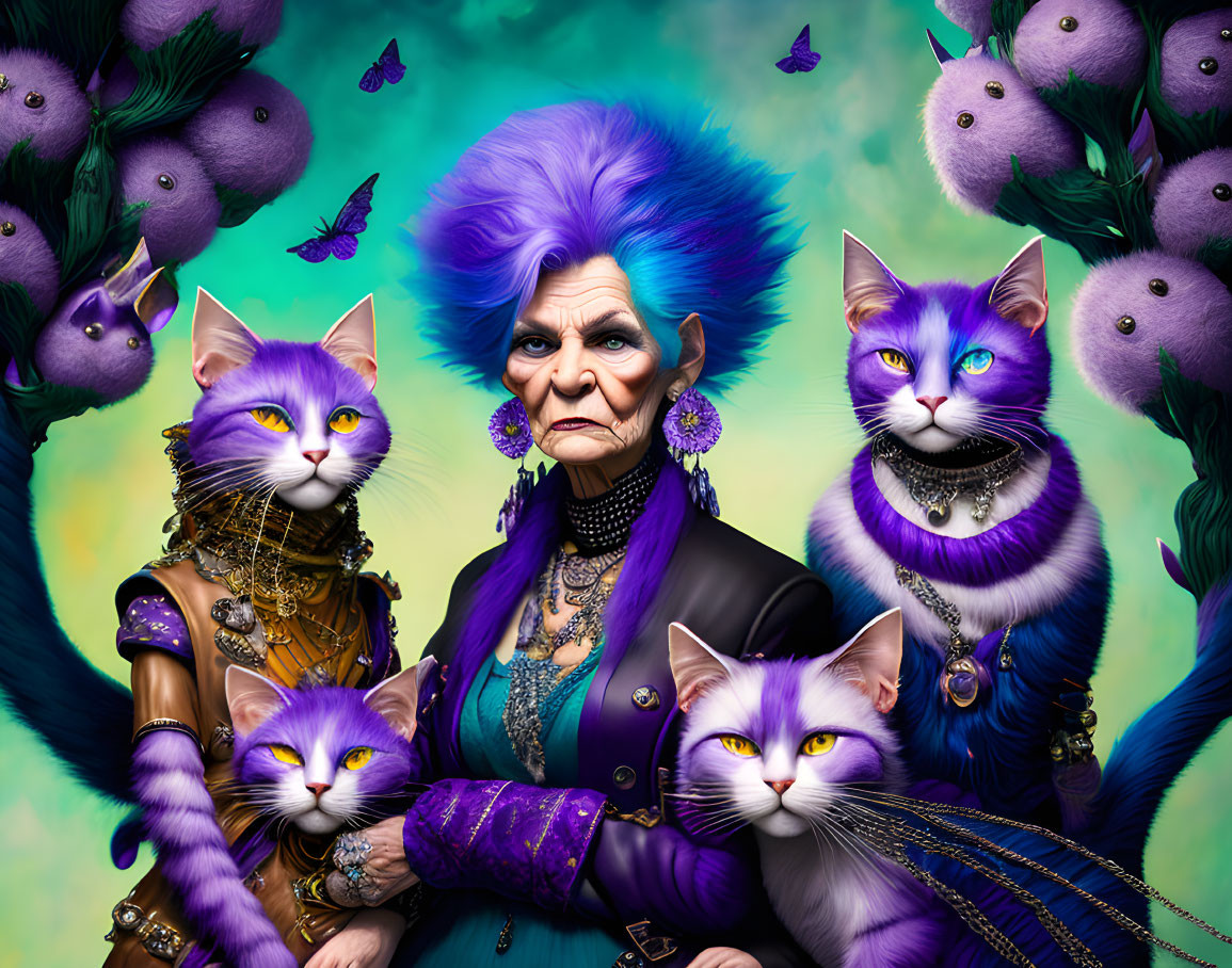 Illustrated portrait of stern woman with purple hair, three purple-eyed cats, purple thistles, and