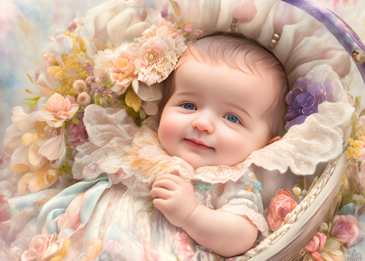 Smiling baby with full hair in basket among colorful flowers