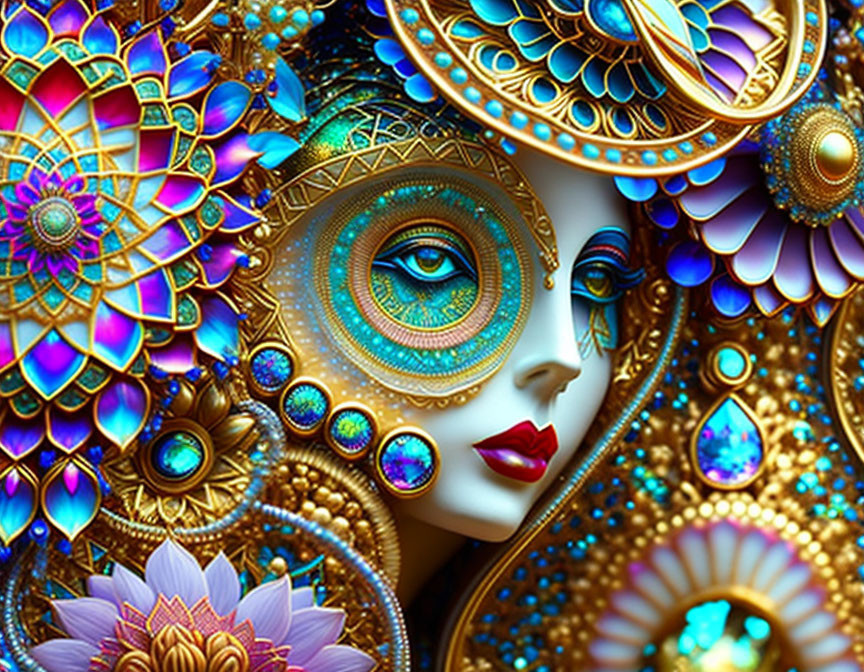 Colorful digital artwork of woman's face with intricate patterns in blue, gold, and purple