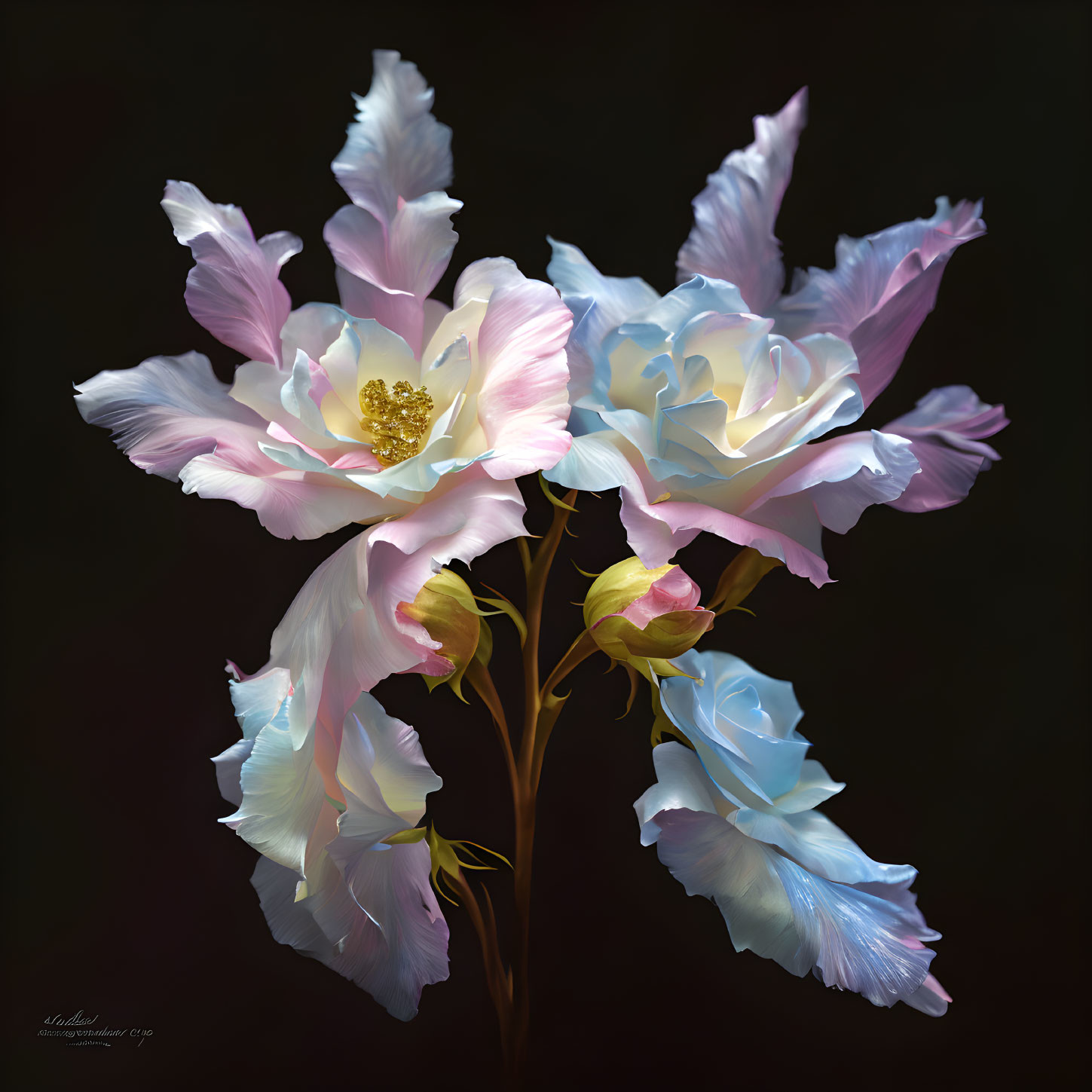 Three Pale Pink and Blue Iridescent Flowers on Dark Background