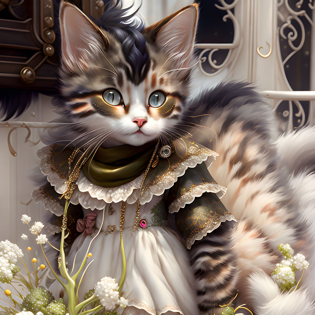 Tri-Colored Cat with Green Eyes in Elegant Gold-Embellished Collar