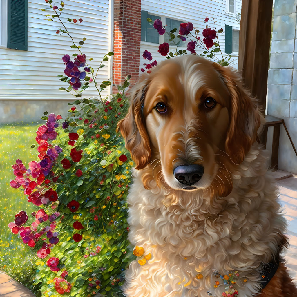 Realistic Golden Retriever Illustration with Flower Bush and Sunlit Lawn