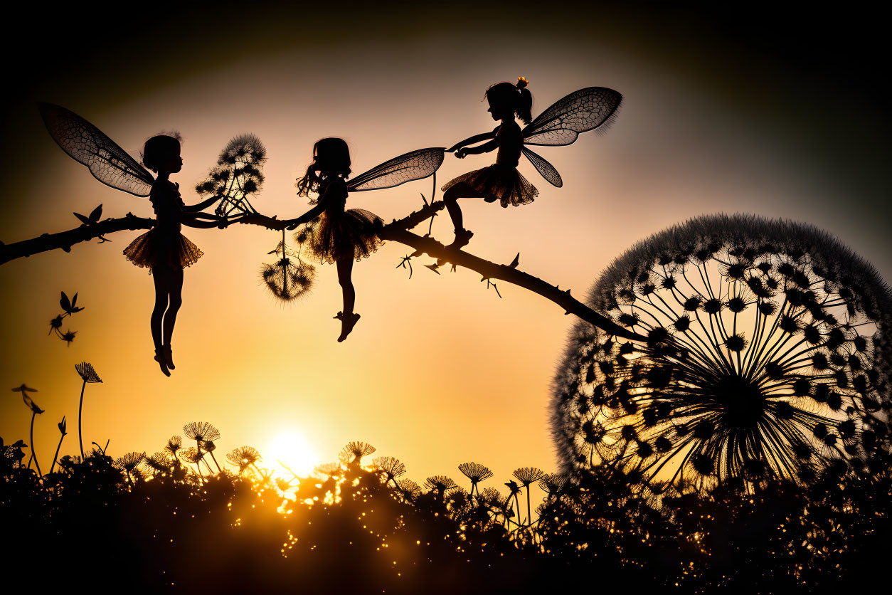 Three fairies silhouetted on branch in sunset scene