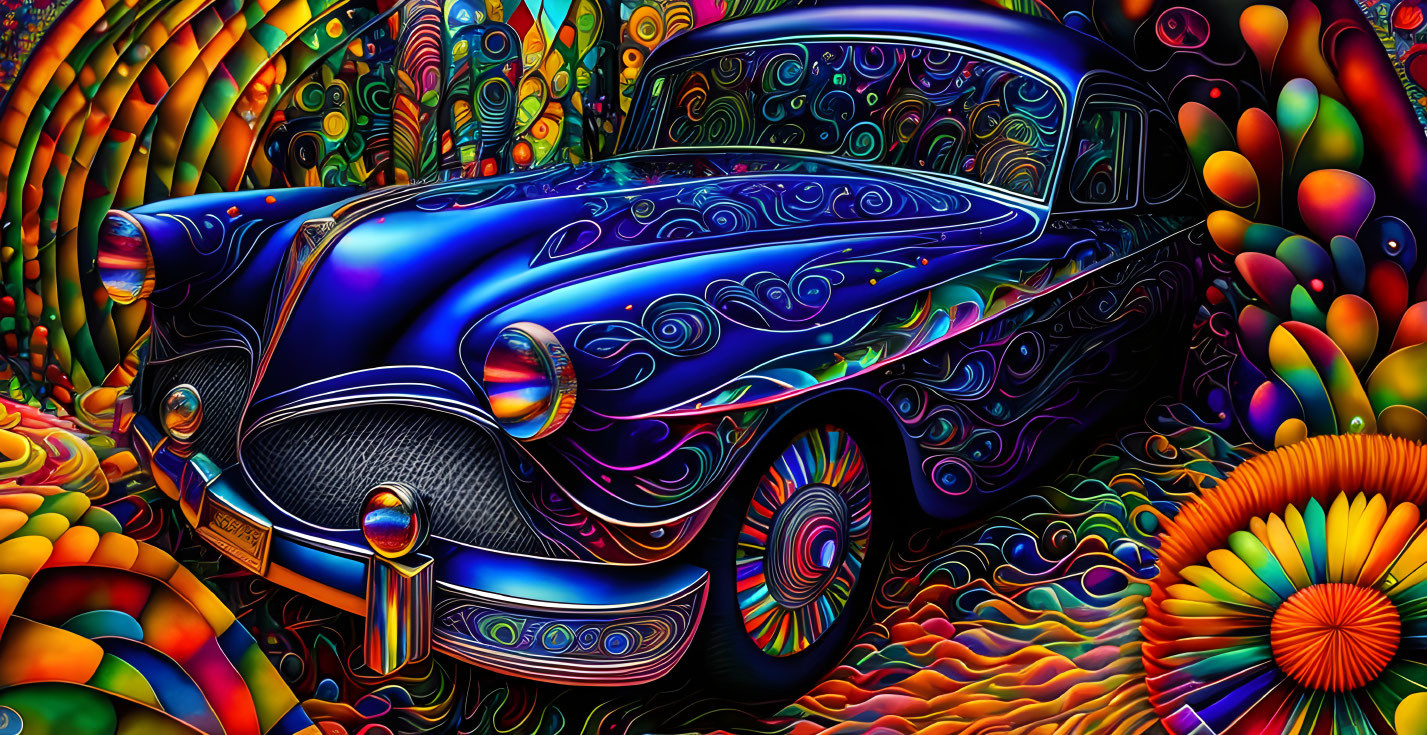 Vivid digital artwork: Psychedelic classic car with swirling colors