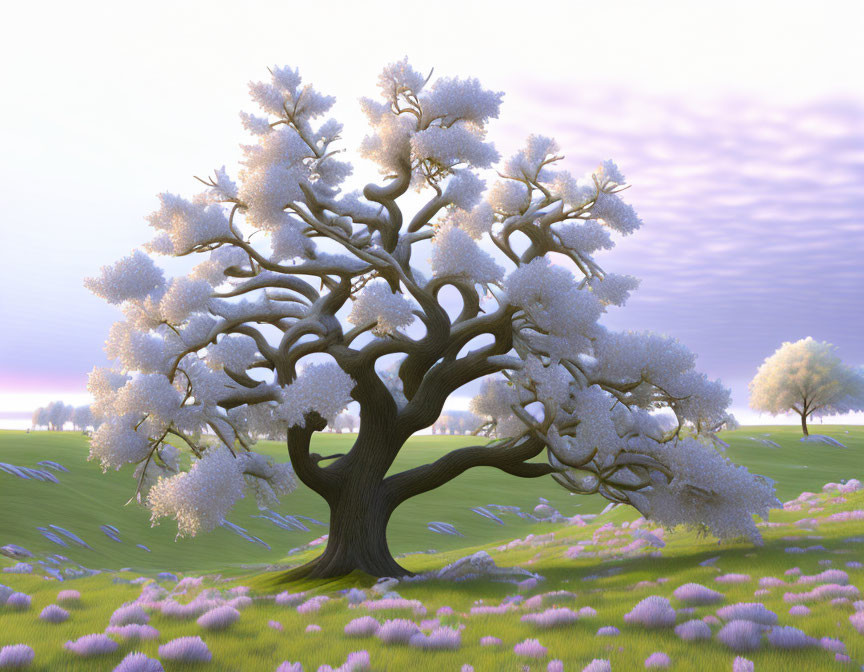 Majestic tree with white blossoms in purple sky and lavender field