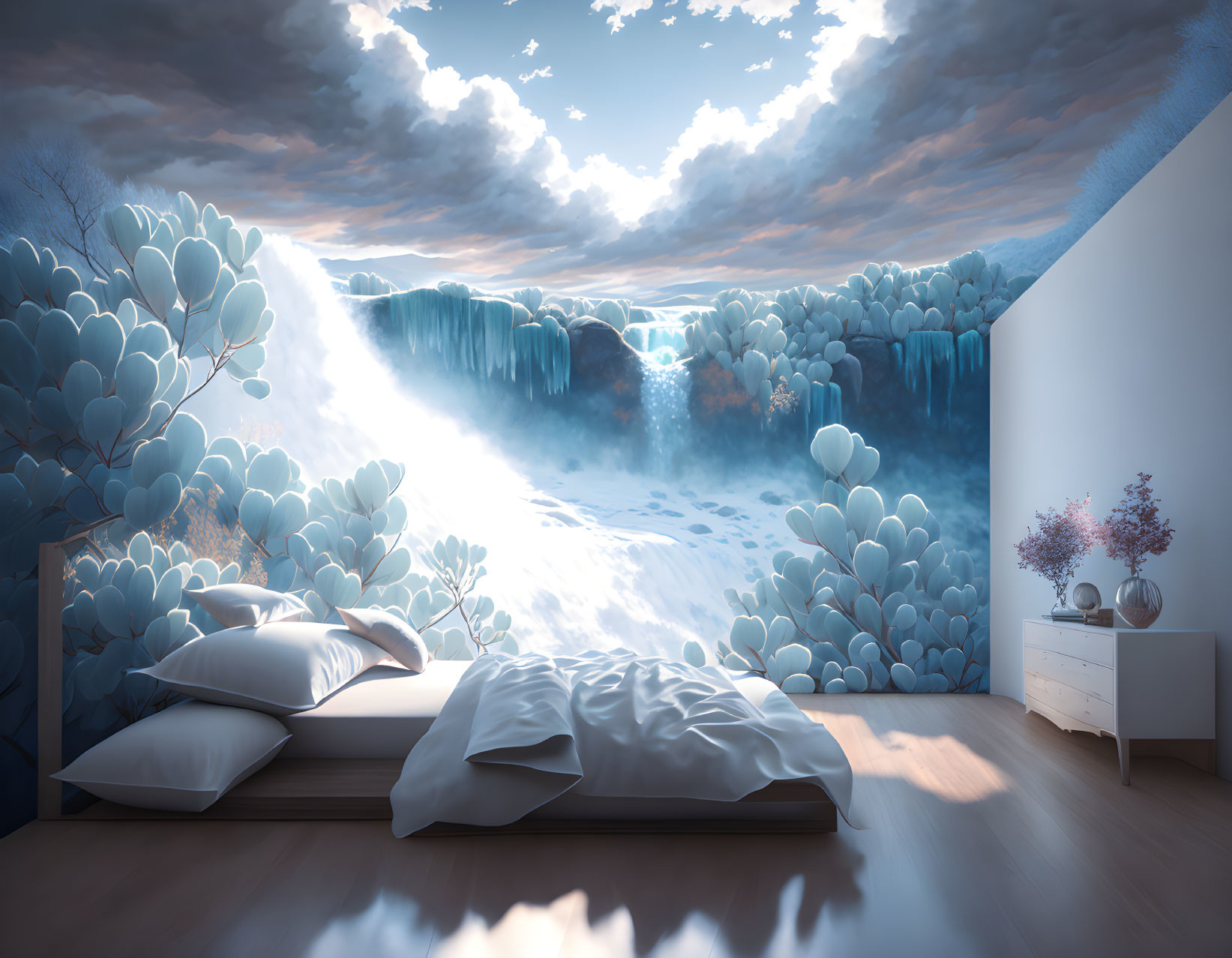 Tranquil Bedroom with Low Bed and Fantasy Landscape View