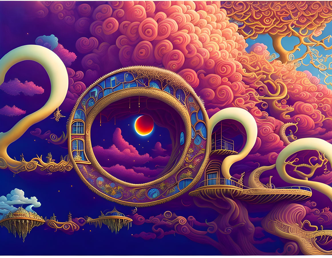 Eye-shaped surrealistic artwork with cosmic scene and swirling clouds